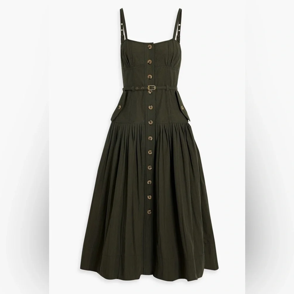 NWOT ULLA JOHNSON Cleo Midi Dress Pleated Green Vacation Holiday Summer Resort 4 - Picture 2 of 11